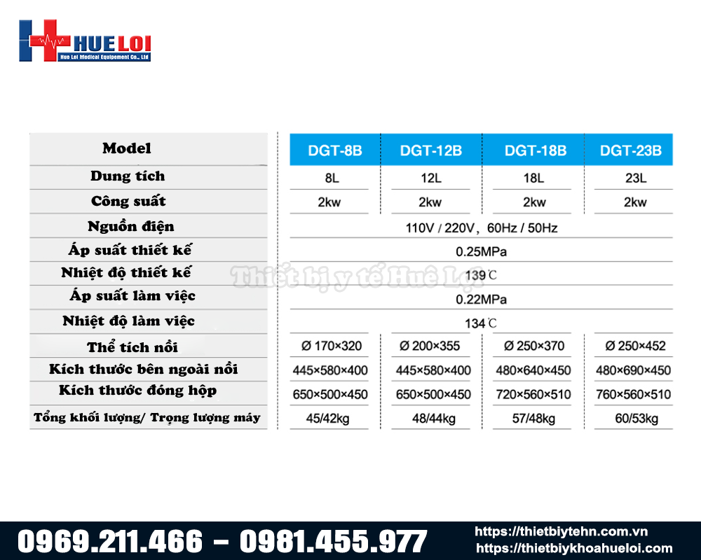 thông số các mẫu nồi hấp tiệt trùng DGT - Series B