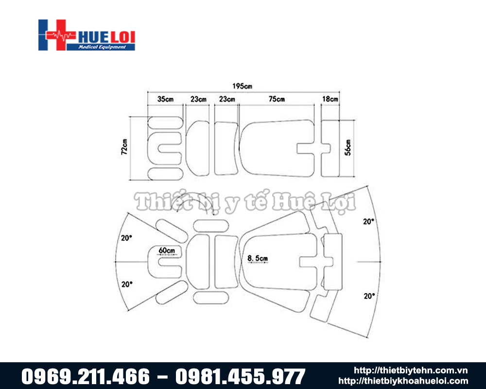 Kích thước các phần đệm giường tác động cột sống EL07