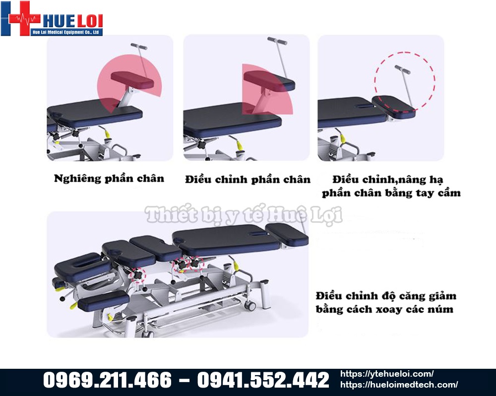 điều chỉnh các bộ phận của giường tác động cột sống CHIROPRACTIC